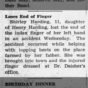 Shirley Harding Loses End of Finger 